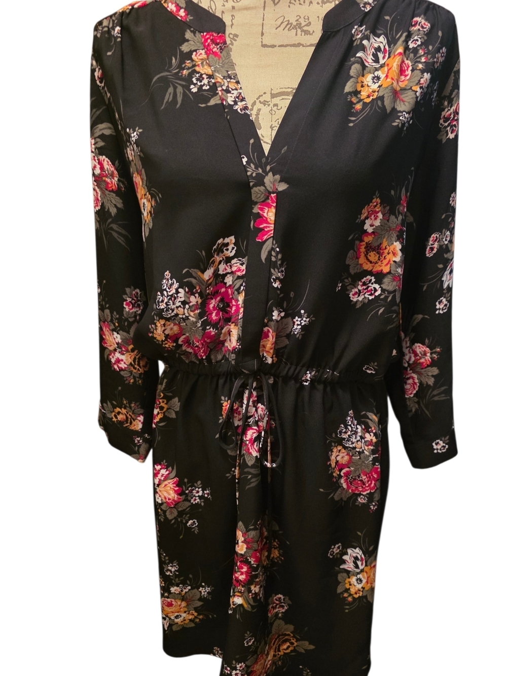 LOFT Black Floral V-Neck Drawstring Dress Women's Large Euc